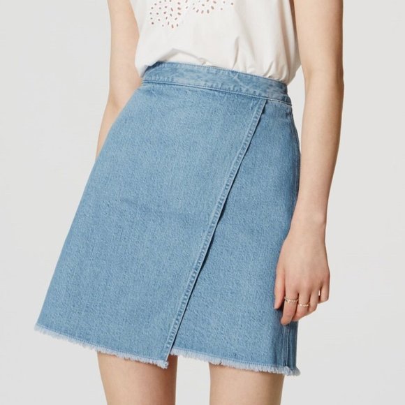 LOFT Dresses & Skirts - LOFT Cotton Denim Faux Wrap Mini Skirt Frayed Hem Size 32 14 EUC W2460